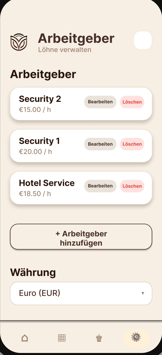 Arbeitgeber-Verwaltung: Security 1 mit 20,00 €/h, Security 2 mit 15,00 €/h und Hotel Service mit 18,50 €/h